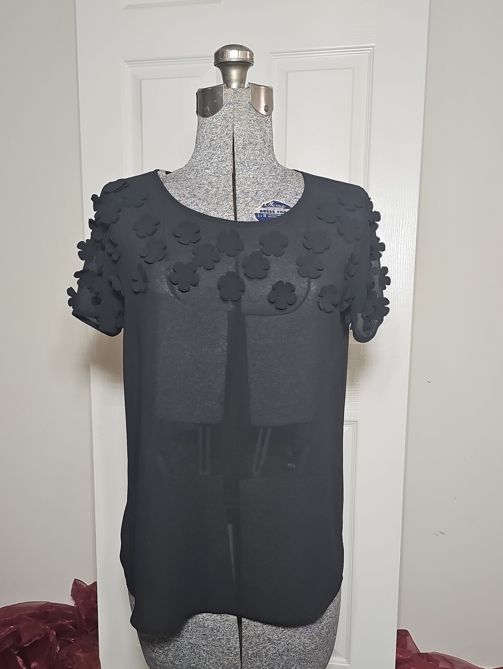 Bellatrix Black 3D Floral Applique Sheer Blouse Size S